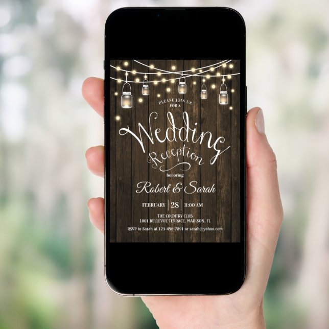 Rustic Wood & Lights Wedding Reception Invitation (Front Digital)