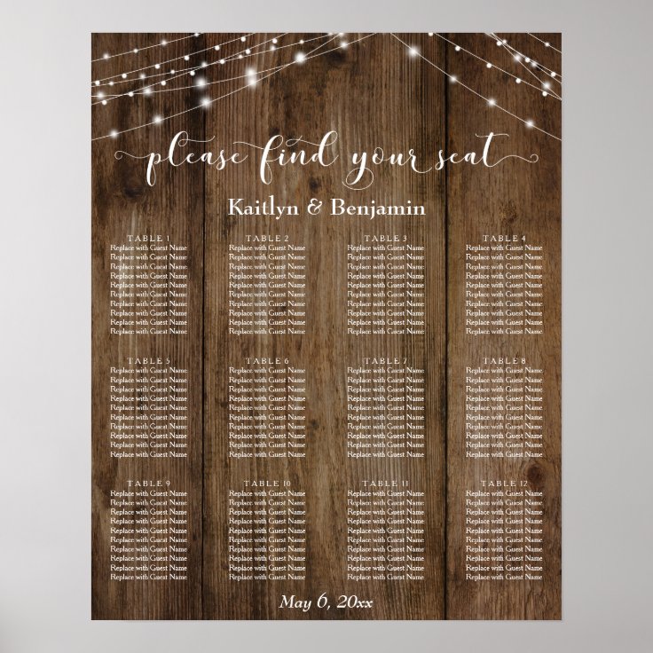 Rustic Wood Lights Wedding Reception Seating Chart | Zazzle