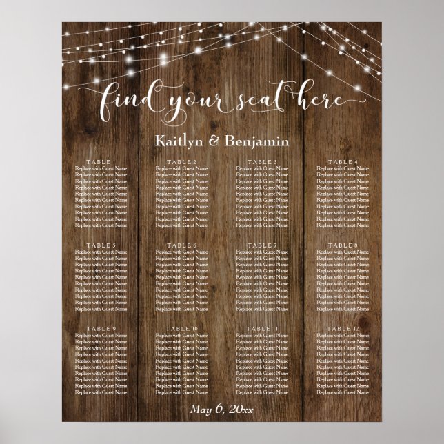Rustic Wood Lights Wedding Reception Seating Chart (Front)