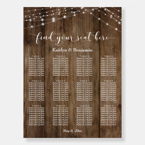 Rustic Wood Lights Wedding Reception Seating Chart Foam Board | Zazzle