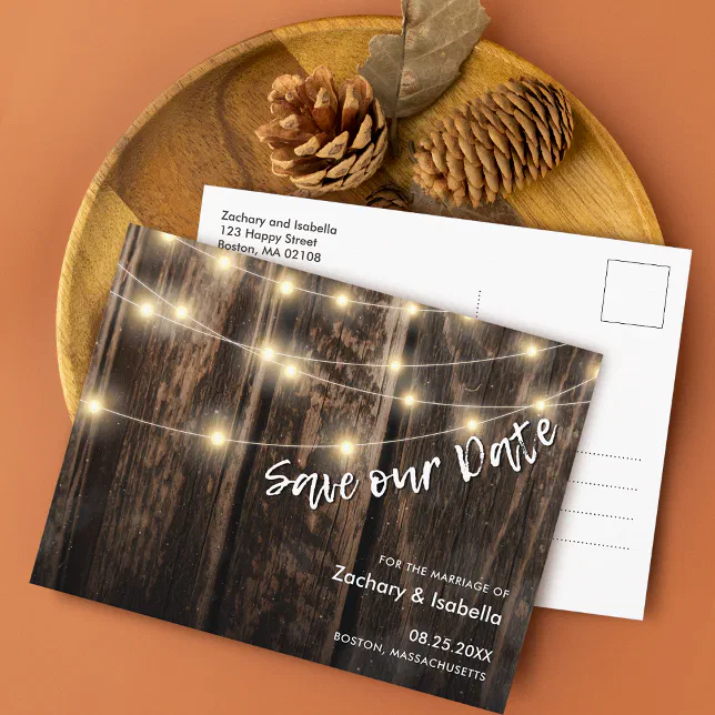 Rustic Wood Lights Wedding Save the Date Announcement Postcard | Zazzle