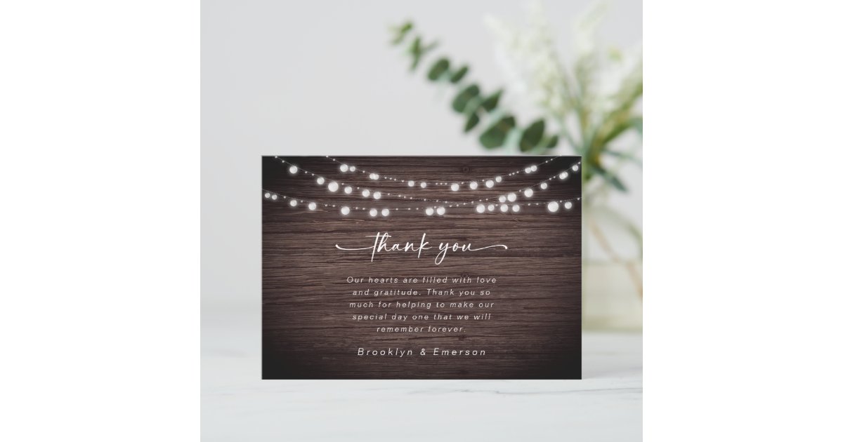 Rustic Wood Lights Wedding Thank You Card | Zazzle