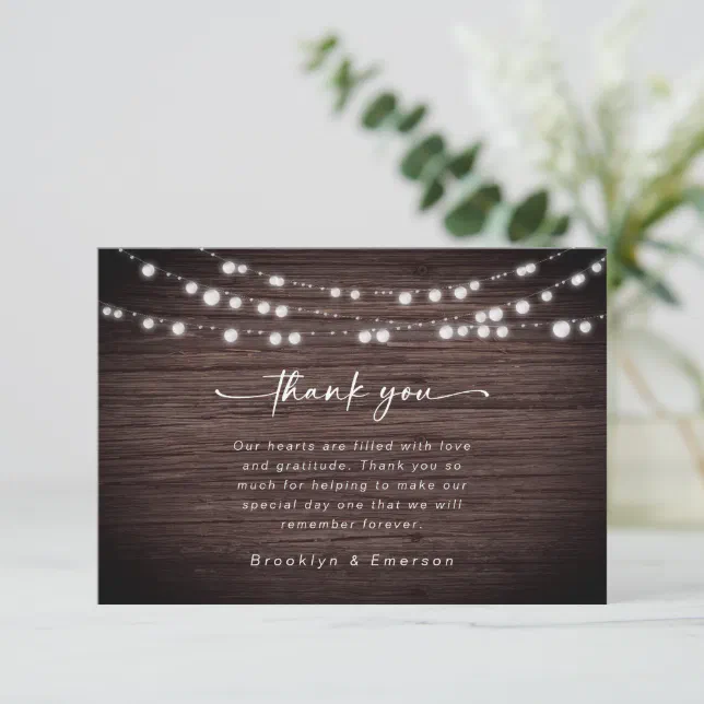 Rustic Wood Lights Wedding Thank You Card | Zazzle