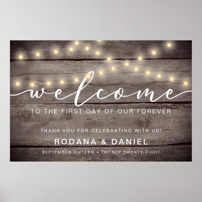 Rustic Wood Lights Welcome Wedding Sign (Front)