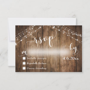 Rustic Wood & Lights with Wedding Calligraphy RSVP Card