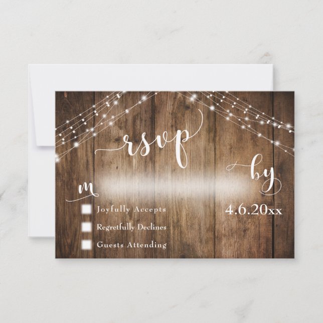 Rustic Wood & Lights with Wedding Calligraphy RSVP Card (Front)