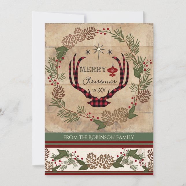 Rustic Wood Lodge Christmas Deer Antler Typography Holiday Card (Front)