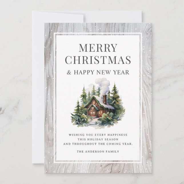 Rustic Wood Log Cabin Snow Christmas New Year Card (Front)
