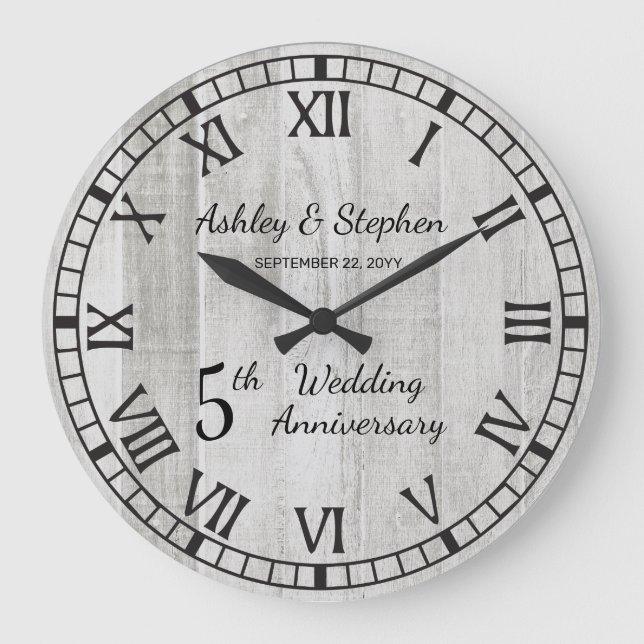 Rustic Wood Look 5th Wedding Anniversary Large Clock (Front)