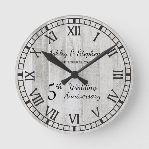 Rustic Wood Look 5th Wedding Anniversary  Round Clock