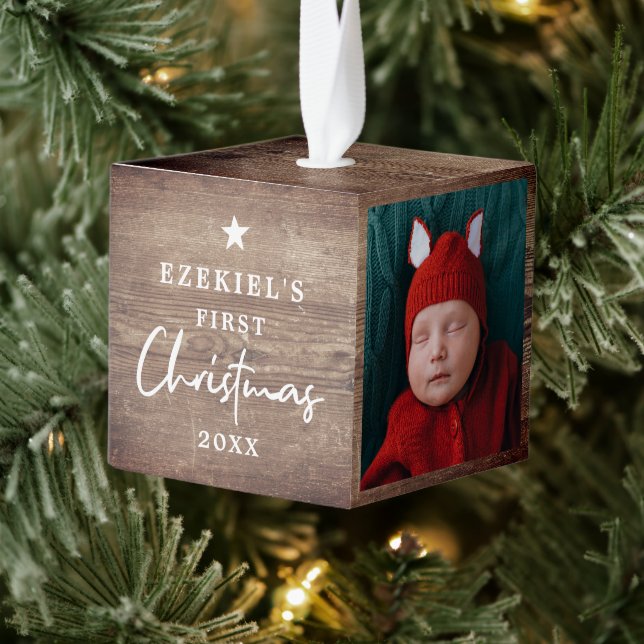 Rustic Wood Look Baby's First Christmas Photo  Cube Ornament (Tree)