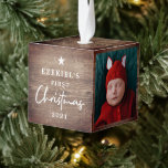 Rustic Wood Look Baby's First Christmas Photo  Cube Ornament<br><div class="desc">This adorable Baby's First Christmas photo ornament contains a rustic, wood look designed background and stylish typography. It's easy to personalize, and three photo templates are included. The wood has a slight "burned" look on the corners, and there's a cute little star accent on the front. Perfect for the rustic,...</div>