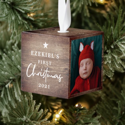 Rustic Wood Look Babys First Christmas Photo  Cube Ornament