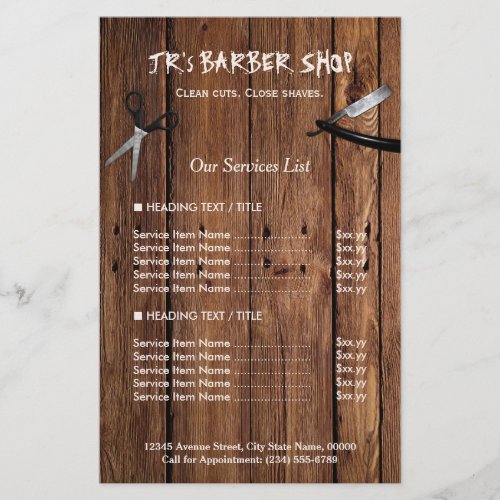 Rustic Wood Look Barber Shop Services Price List Flyer