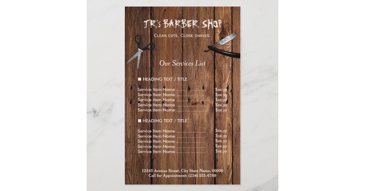 Rustic Wood Look Barber Shop Services Price List Flyer Zazzle Com