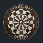 Rustic Wood Look Black White Games Room Custom Dart Board<br><div class="desc">Elevate your game nights with our custom family wood effect dartboard, designed to bring a personal touch to your home. This unique dartboard allows you to proudly display your family name and location, making it not just a game but a cherished family heirloom. Ideal for gatherings, backyard parties, or simply...</div>