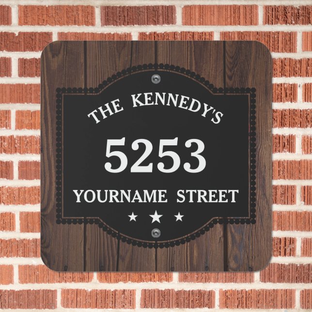 Rustic Wood Look Family Name House Number Address Metal Sign (In Situ(Brick))