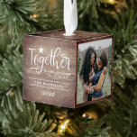 Rustic Wood Look Family Together Christmas Photo  Cube Ornament<br><div class="desc">This beautiful family photo Christmas ornament contains a rustic, wood look designed background and stylish typography. It's easy to personalize, and three photo templates are included. The main text reads, "Together is our favorite place to be." The wood has a slight "burned" look on the corners, and there's a little...</div>