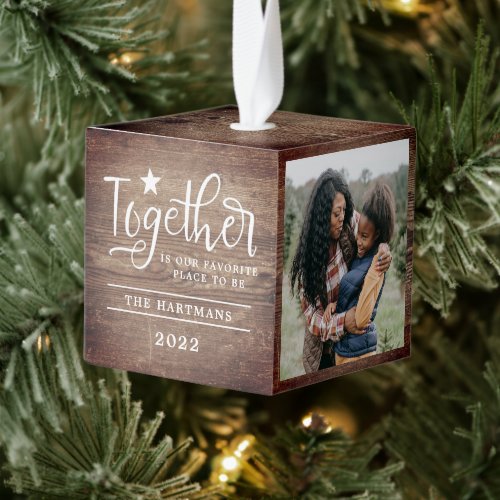 Rustic Wood Look Family Together Christmas Photo  Cube Ornament