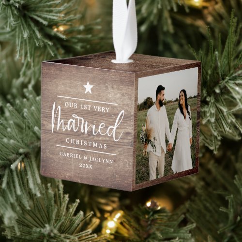 Rustic Wood Look First Christmas Married Photo  Cube Ornament