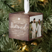 Rustic Wood Look First Christmas Married Photo  Cube Ornament