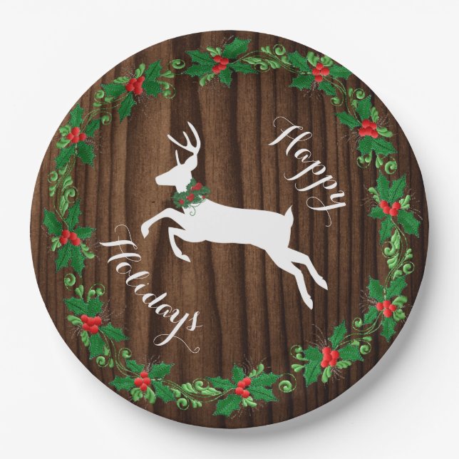 Rustic Wood Look Holiday Paper Plate (Front)