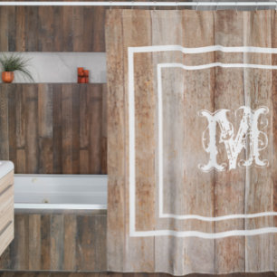 Rustic Wood Look Monogram Distressed Aged Shower Curtain
