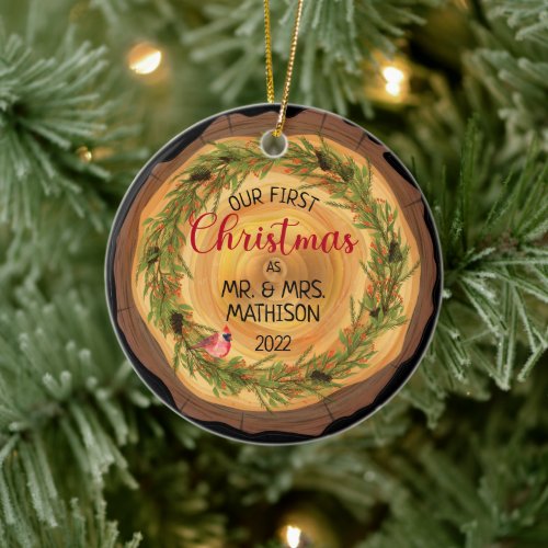 Rustic Wood Look Our First Christmas as Mr  Mrs Ceramic Ornament