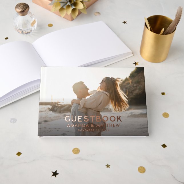 Rustic Wood Look Photo Wedding Foil Guest Book (Front Open)