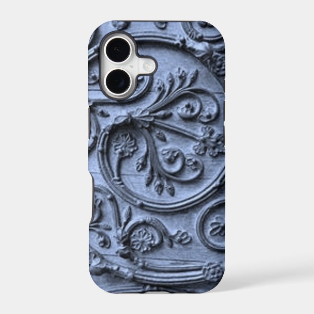 Rustic Wood Look Scroll Pattern on Blue Background Iphone Case (Back)