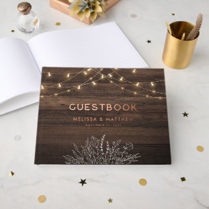 Rustic Wood Look String Lights Wedding Foil Guest Book