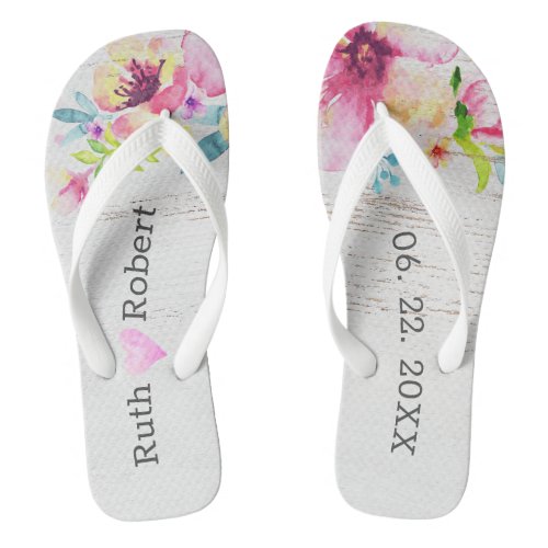 Rustic Wood Look Watercolor Floral Heart Honeymoon Flip Flops