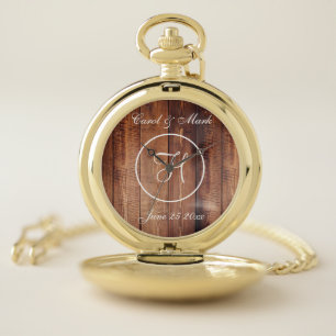 Rustic Wood Look Wedding Monogram Pocket Watch
