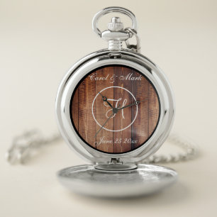 Rustic Wood Look Wedding Monogram Pocket Watch