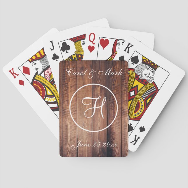 Rustic Wood Look Wedding Monogram Poker Cards (Back)