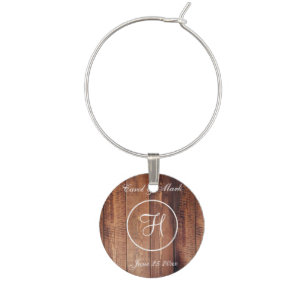 Rustic Wood Look Wedding Monogram Wine Charm
