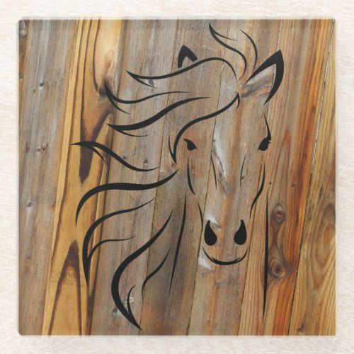 Rustic Wood Look _Wild Horse Head Glass Coaster