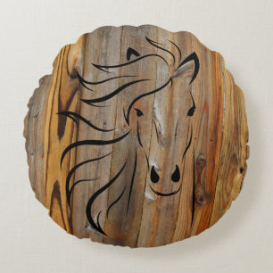 Rustic Wood Look -Wild Horse Head Round Pillow
