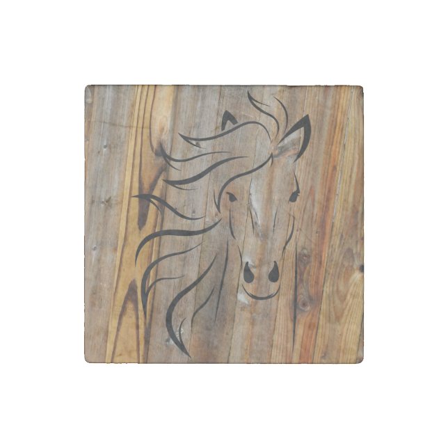 Rustic Wood Look -Wild Horse Head Stone Magnet (Front)