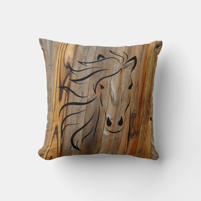 Rustic Wood Look -Wild Horse Head Throw Pillow (Front)