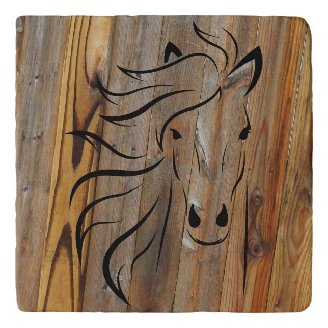Rustic Wood Look - Wild Horse Head Trivet (Front)