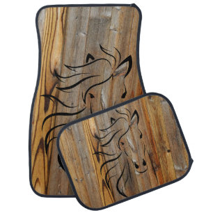 Rustic Wood Look Wild Mustang Horse Head Car Floor Mat