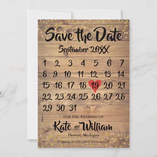 Rustic Wood Love Heart Calendar Save the Date (Front)