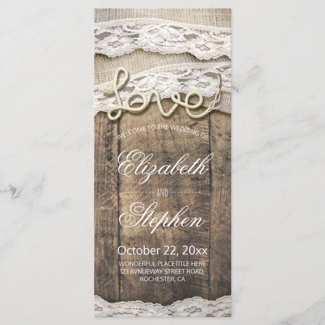 Rustic Wood Love Rope Burlap Lace Wedding Program (Front)