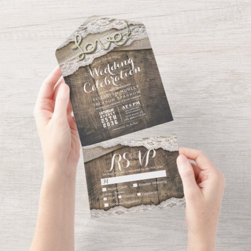 Rustic Wood Love Rope Burlap Lace Wedding RSVP All In One Invitation