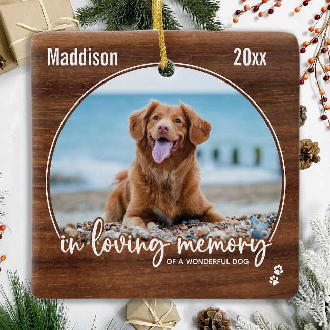 Rustic Wood Loving Memory Dog Photo Pet Memorial Ceramic Ornament (Creator Uploaded)