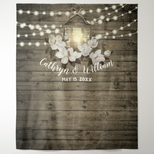 Rustic Wood Magnolia Lantern String Lights Wedding Tapestry