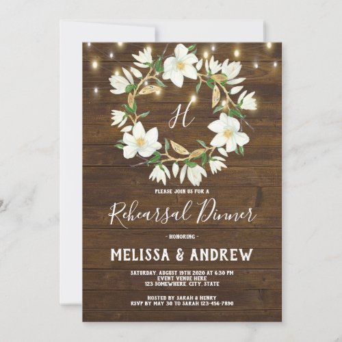 Rustic Wood Magnolia Lights Rehearsal Dinner Invitation