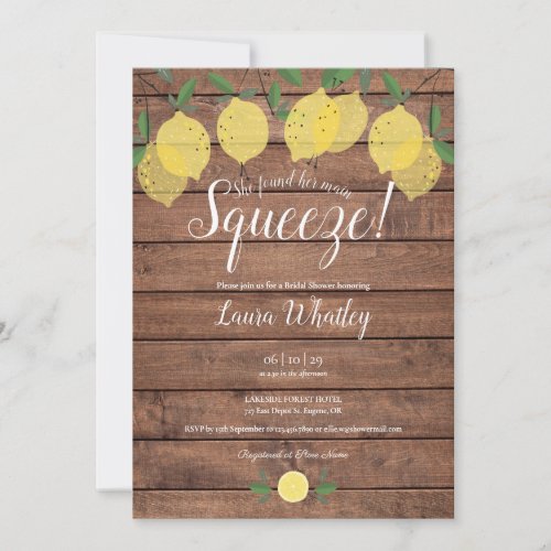 Rustic Wood Main Squeeze Lemon Bridal Shower Invitation