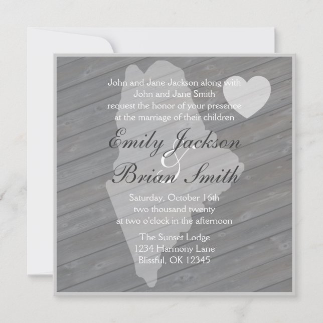 Rustic wood Maine gray wedding invitations (Front)
